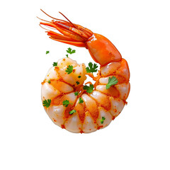 Orange shrimp with herbs on black background