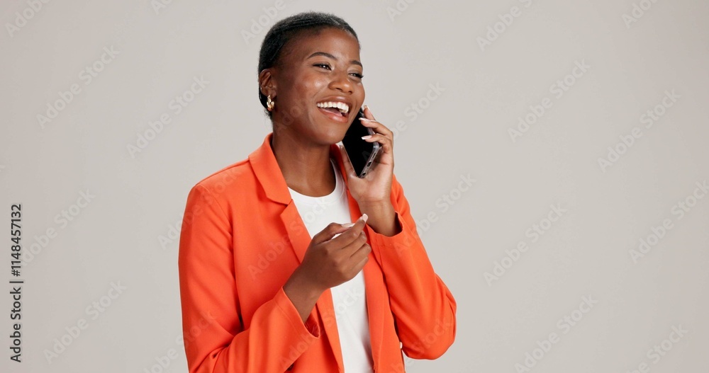 Poster business, woman and happy with phone call on studio background for networking, communication or feed