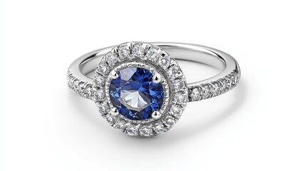 Elegant Blue Sapphire Ring with Diamond Halo in White Gold Setting