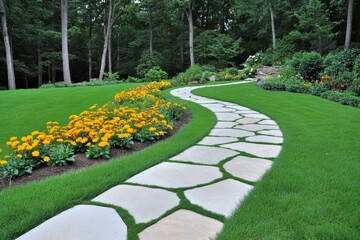A serene backyard garden with a stone pathway winding through vibrant flower beds and lush greenery