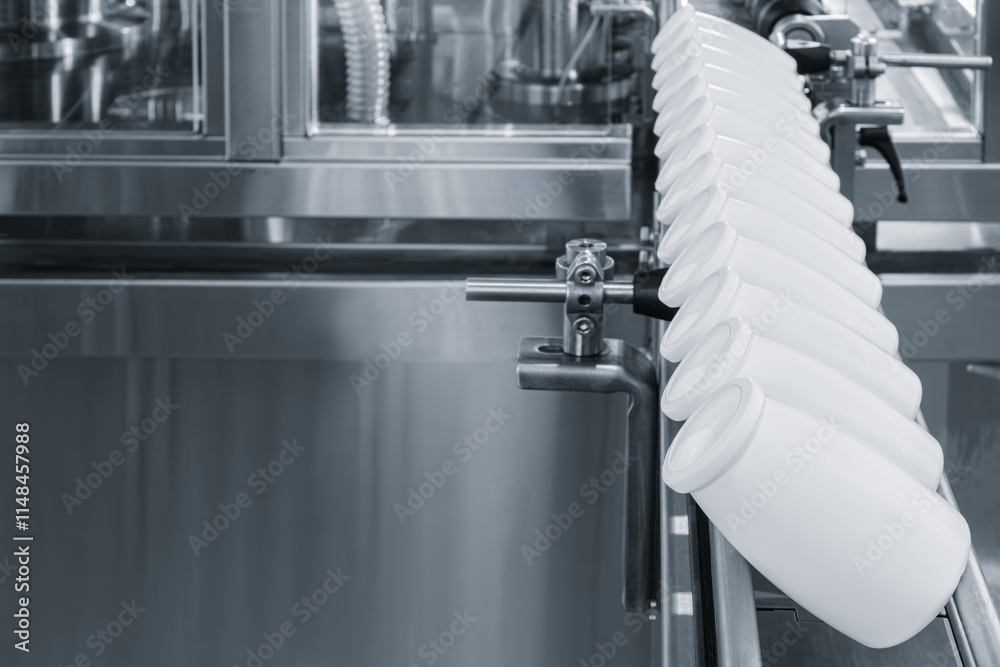 Fototapete a row of white bottles are lined up on a conveyor belt. the bottles are all the same size and shape