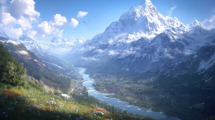 Fototapeta premium Majestic Mountain Landscape with River and Lush Green Valleys