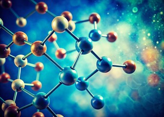 Obraz premium Vintage Molecular Structure, Blue Background, Science Photography, Retro Chemistry, Atomic Bonds, Scientific Illustration