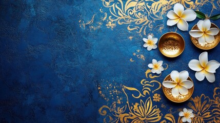 Naklejka premium A luxurious Songkran poster with golden water splashes, intricate Thai patterns, blooming jasmine and frangipani flowers, and traditional golden bowls on a rich blue background.