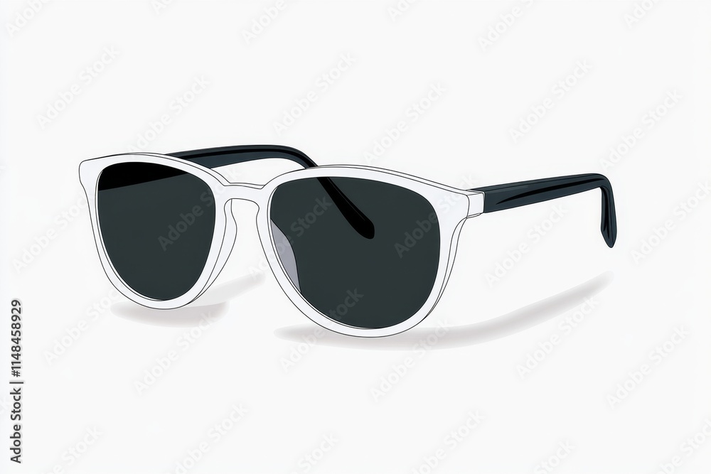 Poster a simple drawing of sunglasses with dark lenses and thin frames, sketched in clean lines on a white 