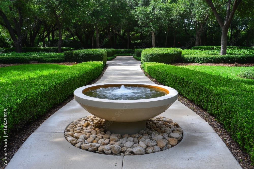 Poster a simple fountain surrounded by symmetrical hedges, creating a geometric and calming garden design