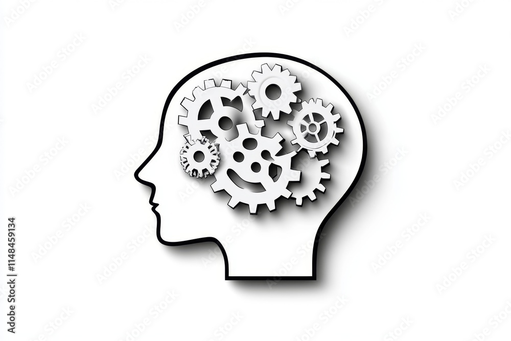 Aufkleber A simple geometric depiction of a head with overlapping gears forming the brain, rendered in bold black and white with sharp edges