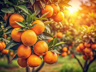 Vintage Orange Grove Photography: Sun-Drenched Citrus Trees, Ripe Oranges, Rustic Farm, Orchard, Autumn Harvest