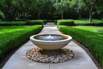 A simple fountain surrounded by symmetrical hedges, creating a geometric and calming garden design