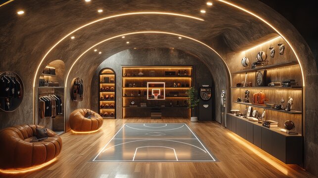Luxurious basement game room with indoor basketball court, shelves, and lounge area.