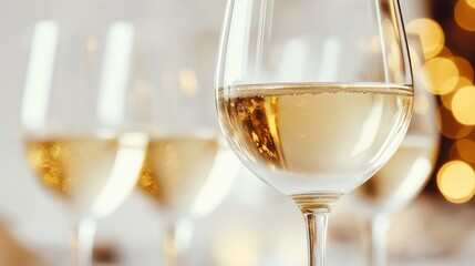 Close-up of glass of white wine. Glasses out of focus in background. Wine appears to chilled, slightly bubbly. Scene suggests celebration party. Festive atmosphere evident. Image close-up detail of