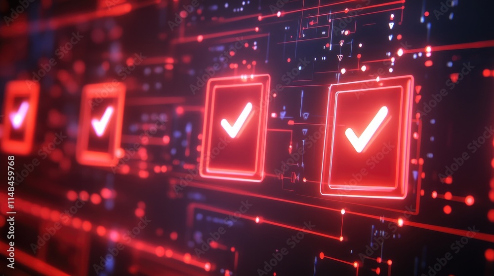 Poster digital technology background with glowing check marks and circuits