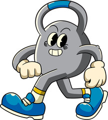 Cute Walking Kettlebell Sport Gym in Retro Cartoon Character Vector Illustration