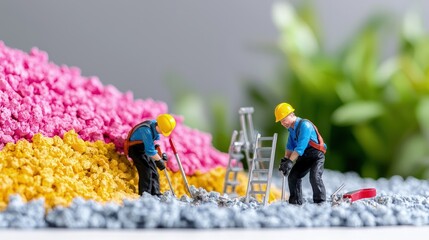 Fototapeta premium Miniature toy construction workers using tools next to piles of pink and yellow plastic recycling granules.