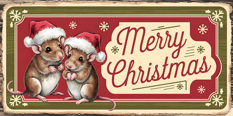 A vintage style holiday card design with a red and green theme