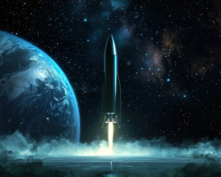 Futuristic rocket launching into space, with Earth visible in the background.