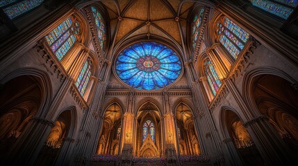 Obraz premium A grand Gothic cathedral with intricate flying buttresses, towering spires, and massive stained glass windows that cast vibrant colors across its stone interior, with visitors gazing upward 