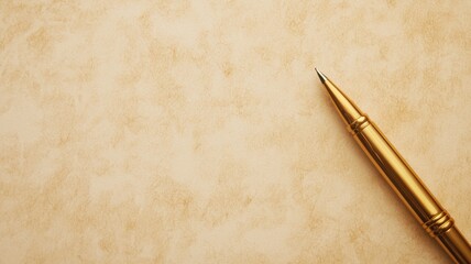 Elegant gold pen resting on textured beige paper background, ideal for writing or stationery concepts.