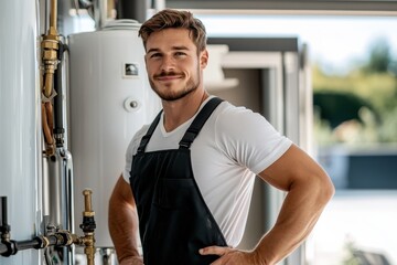 A skilled mechanic in work attire stands confidently next to equipment in a bright workshop, representing dedication and expertise in his trade.