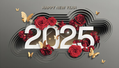 Obraz premium Luxurious Happy New Year 2025 Celebration with 3D Typography and Heart Accents,Happy New Year 2025 with 3D paper art style celebration with layered ribbons, stars and balloons.