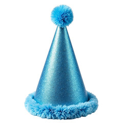 A blue party hat with glittery body and fluffy blue rim