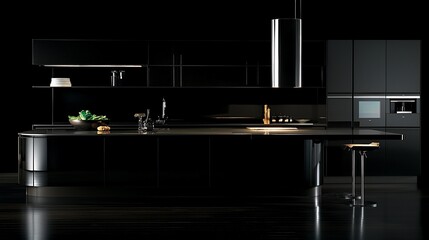 Sleek black modern kitchen island with appliances and overhead lighting.