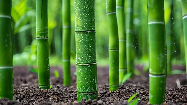 Tall bamboo stalks rise from rich soil, their vibrant green color shining in the sunlight. Surrounding foliage adds to the lush ambiance of this tranquil grove