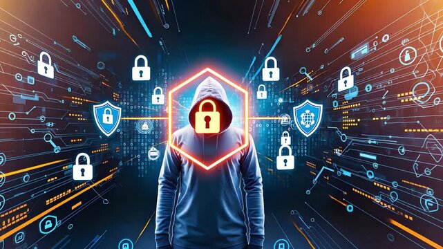 Cybersecurity Concept with Hooded Figure, Lock Icon, and Digital Network Background in a High-Tech Environment

