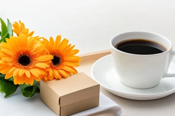 A surprise gift on a breakfast tray, with a small box, a vase of flowers, and a steaming cup of coffee