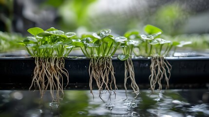 Naklejka premium Fresh green plants with visible roots growing in water, showcasing hydroponic gardening.