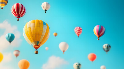 Obraz premium Hot Air Balloon Dreams: A breathtaking view of colorful hot air balloons soaring through a vibrant blue sky, creating a whimsical and inspiring image of freedom and adventure.