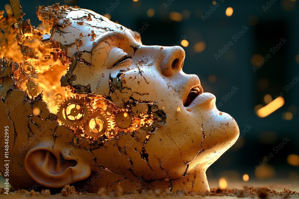 Aufkleber A surreal scene of a person head splitting open to reveal a complex mechanism of spinning gears inside, illuminated by soft, golden light