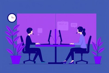 Customer Service Professionals: A minimalist illustration of two customer service representatives working diligently at their computers, showcasing a professional and efficient environment. 