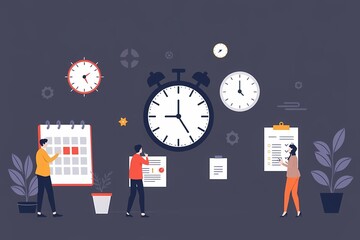 Teamwork Makes the Dream Work: A vibrant illustration depicting a collaborative team efficiently managing time and tasks, symbolized by clocks, calendars, and to-do lists.