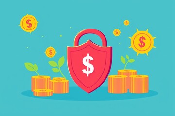 Financial Security: A secure shield protects a stack of gold coins with dollar signs, symbolizing financial stability and security.  