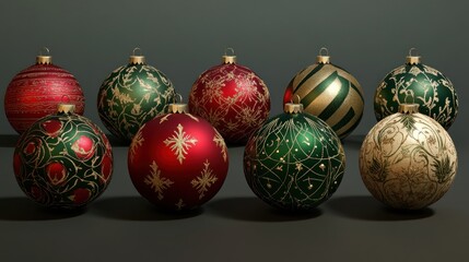 A sparkling set of Christmas balls in deep red, forest green, and shimmering gold, with detailed holiday patterns and a festive glow.