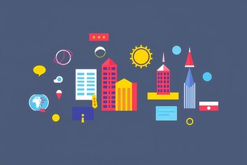 Vibrant Cityscape: A stylized illustration of a modern city, featuring bold geometric buildings, icons, and a playful color palette. Perfect for projects related to urban development, technology.