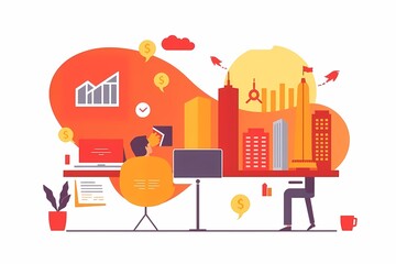 Strategic Growth: A vibrant illustration depicting two business professionals collaborating amidst a cityscape backdrop, symbolizing ambitious expansion and innovative ideas.
