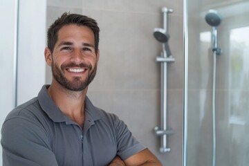 A skilled tradesman stands confidently in a modern bathroom, showcasing his expertise in home renovation and the importance of quality craftsmanship in contemporary spaces.