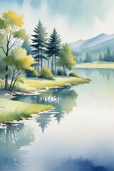 there is a painting of a river with trees and grass