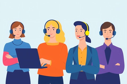 Customer Support Team Ready to Assist:  A friendly and diverse team of customer support representatives, equipped with headsets and laptops, stand ready to assist customers with a smile.