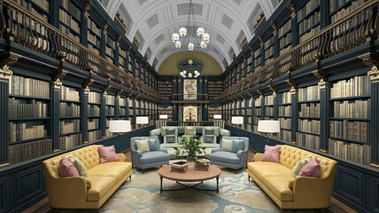 Grand library with dark bookshelves and comfortable seating areas.
