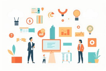 Strategic Business Planning: A vibrant illustration depicting two business professionals reviewing data on a large computer screen, surrounded by various business icons representing growth, strategy.