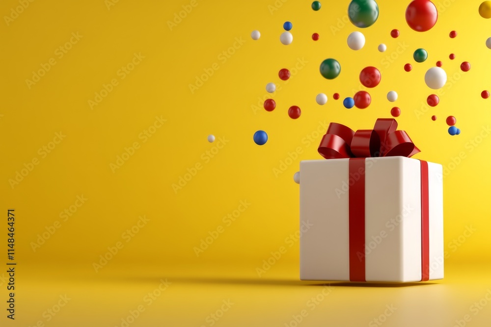 Poster a vibrant 3d illustration of a gift bursting open with colorful confetti and playful, animated eleme
