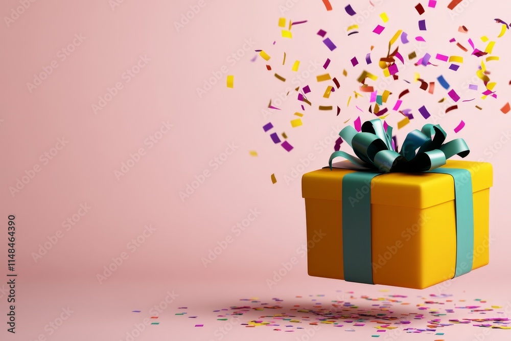 Poster a vibrant 3d illustration of a gift bursting open with colorful confetti and playful, animated eleme