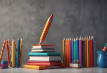 Fototapeta premium Colorful pencil rocket soaring above books and stationery, achievement, school