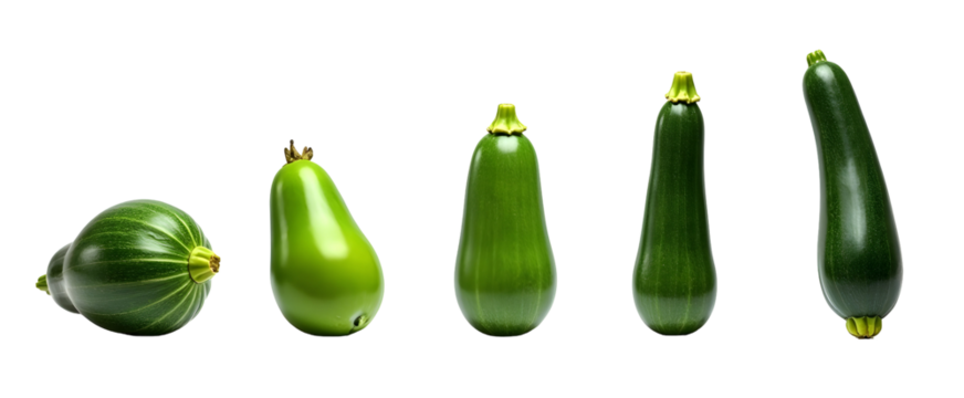 Five Zucchinis in a Row: From Tiny to Large, a Vibrant Green Progression Against a Stark Black Background.  A Culinary Delight!, cut out