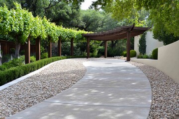 Fototapeta premium A vineyard-inspired backyard garden with grapevines, rustic wooden arches, and gravel walkways