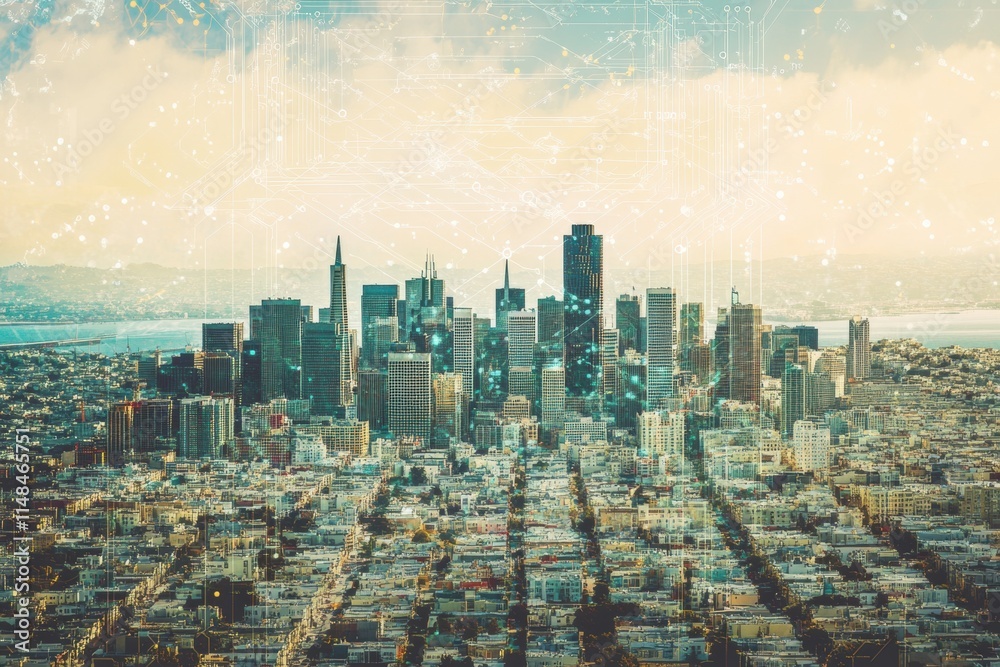 Fototapete cityscape showcasing digital neural network overlay representing ai integration in urban environment