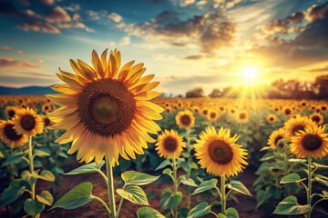 Vintage Sunflowers: Bright Summer Field, Blurred Background, Golden Hour Photography